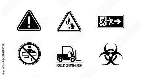 Safety signs and symbols for workplace hazard warnings and emergency exits.