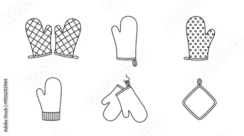 oven mitts , 6 black delicate line drawings vector set collection , white background , PNG and SVG	