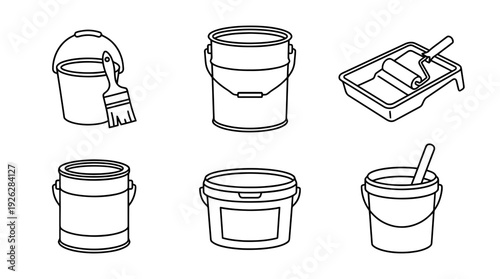 paint buckets , 6 black delicate line drawings vector set collection , white background , PNG and SVG	