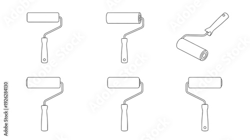 paint rollers , 6 black delicate line drawings vector set collection , white background , PNG and SVG	