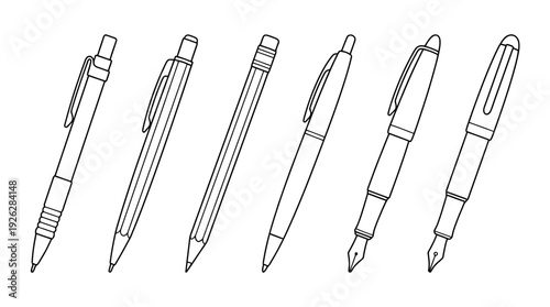 pencils and pens , 6 black delicate line drawings vector set collection , white background , PNG and SVG	