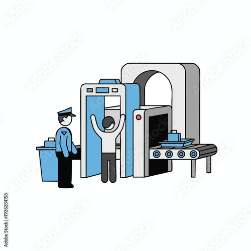 Modern Security Scan at Airport Security Checkpoint with Passenger and Scanner