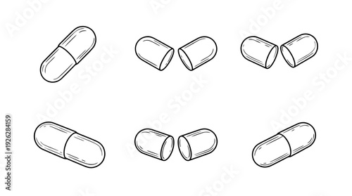 pill capsules , 6 black delicate line drawings vector set collection , white background , PNG and SVG	
