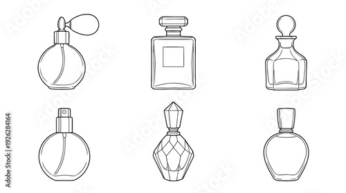 perfume bottles , 6 black delicate line drawings vector set collection , white background , PNG and SVG	