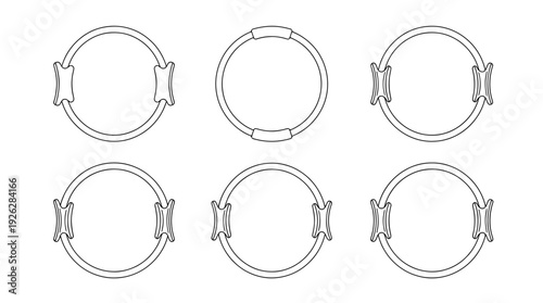 pilates rings , 6 black delicate line drawings vector set collection , white background , PNG and SVG	