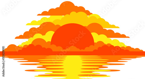 Vibrant Vector Sunset Illustration Over Ocean Waters with Glowing Clouds in Warm Orange Hues