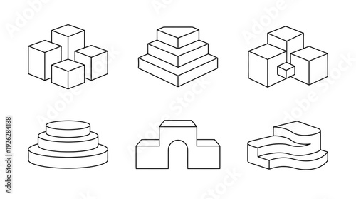 podium steps , 6 black delicate line drawings vector set collection , white background , PNG and SVG	