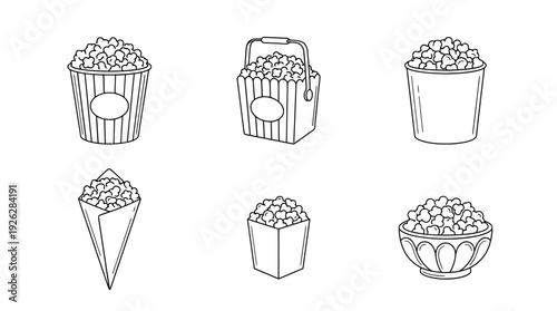 popcorn buckets , 6 black delicate line drawings vector set collection , white background , PNG and SVG	