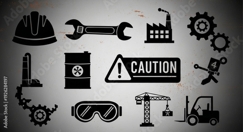 Safety and Industrial Icons Representing Construction and Manufacturing.