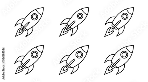 rocket ships , 6 black delicate line drawings vector set collection , white background , PNG and SVG	