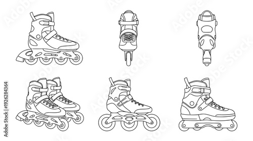 rollerblades , 6 black delicate line drawings vector set collection , white background , PNG and SVG	