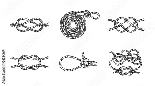 ropes and knots , 6 black delicate line drawings vector set collection , white background , PNG and SVG	