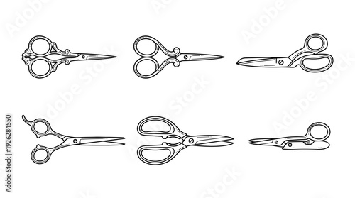 scissors , 6 black delicate line drawings vector set collection , white background , PNG and SVG	