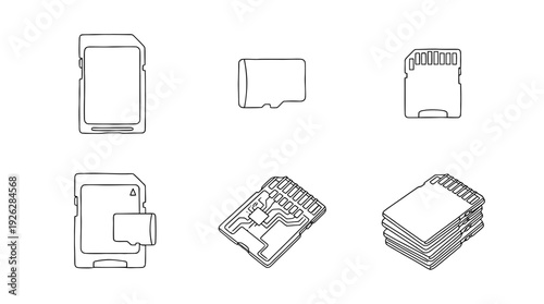 sd cards , 6 black delicate line drawings vector set collection , white background , PNG and SVG	