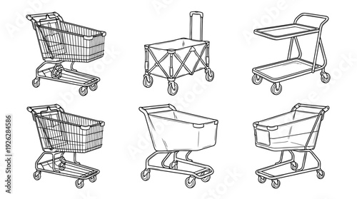 shopping carts , 6 black delicate line drawings vector set collection , white background , PNG and SVG	