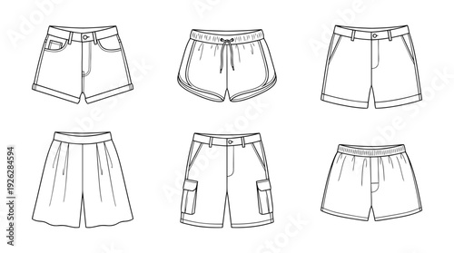 shorts , 6 black delicate line drawings vector set collection , white background , PNG and SVG	