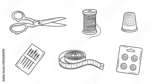 sewing kit , 6 black delicate line drawings vector set collection , white background , PNG and SVG	