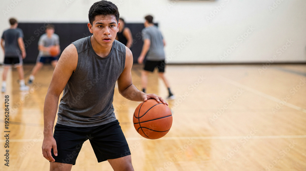 Naklejka premium Hispanic teenage student dribbling basketball in school gym.