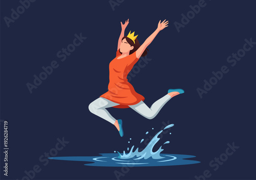 Vector Illustration of a Woman in Tunic Jumping Joyfully into Puddles with Splashes