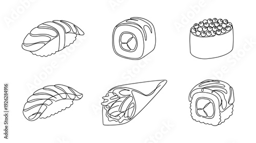 sushi varieties , 6 black delicate line drawings vector set collection , white background , PNG and SVG	