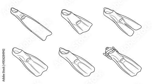 swimfins , 6 black delicate line drawings vector set collection , white background , PNG and SVG	
