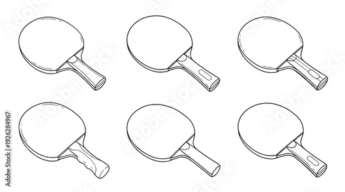 table tennis paddles , 6 black delicate line drawings vector set collection , white background , PNG and SVG	
