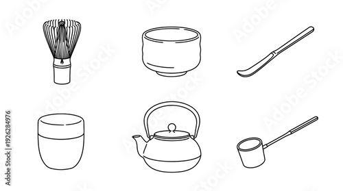 tea ceremony , 6 black delicate line drawings vector set collection , white background , PNG and SVG	