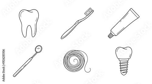 tooth dental , 6 black delicate line drawings vector set collection , white background , PNG and SVG	