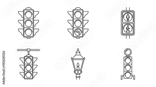 traffic lights , 6 black delicate line drawings vector set collection , white background , PNG and SVG	