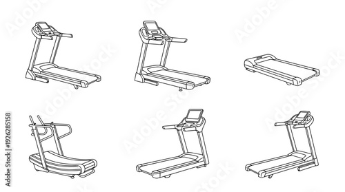 treadmills , 6 black delicate line drawings vector set collection , white background , PNG and SVG	