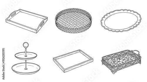tray designs , 6 black delicate line drawings vector set collection , white background , PNG and SVG	