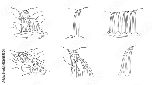 waterfalls , 6 black delicate line drawings vector set collection , white background , PNG and SVG	