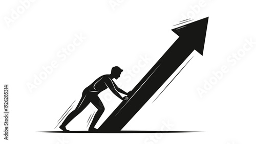 A silhouette of a man pushing a large upward-trending arrow on a plain white background with a minimalist graphic design.