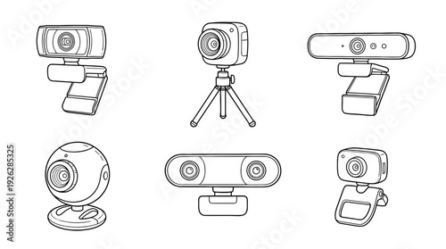 webcams , 6 black delicate line drawings vector set collection , white background , PNG and SVG	