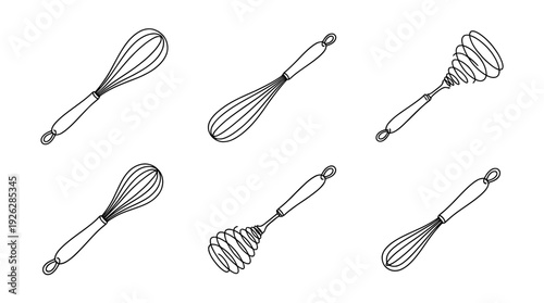 whisk tools , 6 black delicate line drawings vector set collection , white background , PNG and SVG	