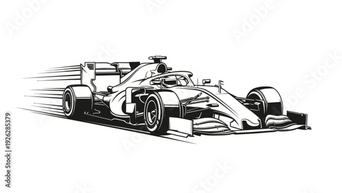 A black and white illustration of a speeding race car with motion lines, showcasing a sleek design and dynamic movement on a plain background.