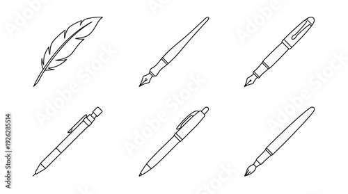 writing tools , 6 black delicate line drawings vector set collection , white background , PNG and SVG	