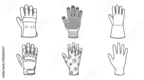 work gloves , 6 black delicate line drawings vector set collection , white background , PNG and SVG	