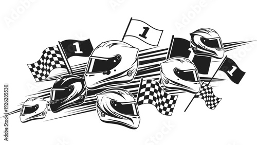 Illustration of racing helmets with checkered flags and number one banners on a white background in a graphic design.