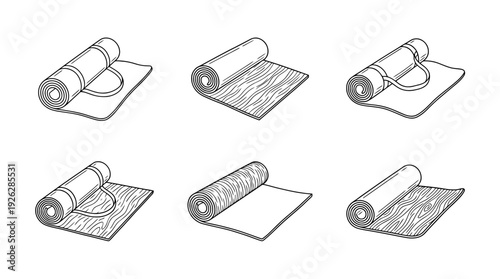 yoga mats , 6 black delicate line drawings vector set collection , white background , PNG and SVG	