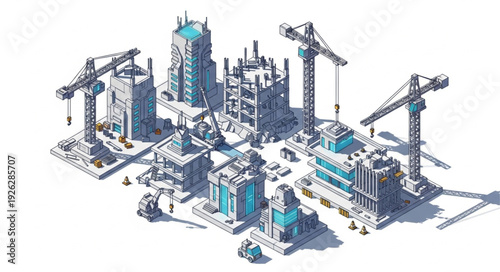 Isometric Construction Site with Buildings and Cranes.