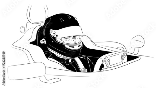 Illustration of a race car driver wearing a helmet and sitting in a racing car with a determined expression on a white background.