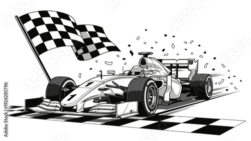 Illustration of a racing car crossing the finish line with a waving checkered flag on a white background with confetti.