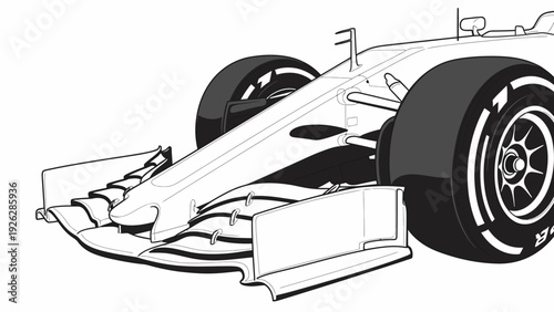 Detailed illustration of a race car's rear section with large tires and wing, in black and white, against a plain background.