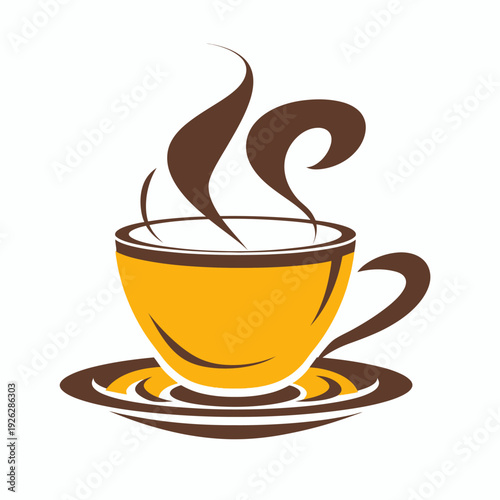 Steaming cup of coffee or tea in yellow mug on saucer isolated