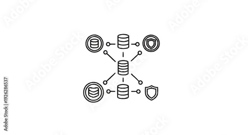 Centralized Database Network with Security and Data Icons.