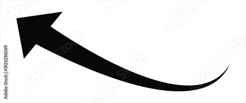 Black curved arrow pointing left with slight upward arc on white background, isolated design element for presentations and graphic projects. Illustration of black arrow curving upwards .