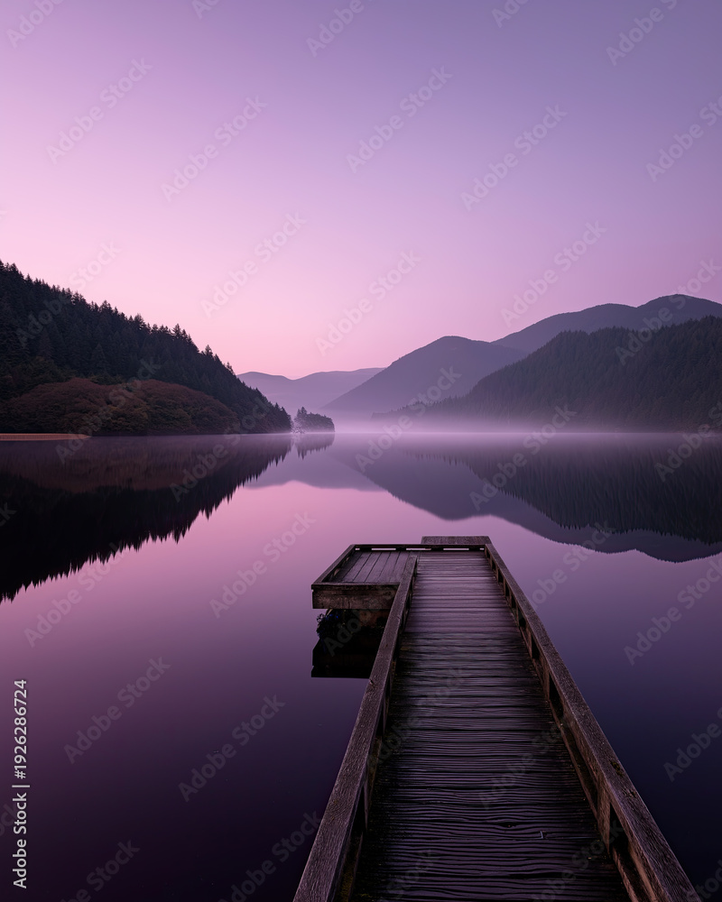 Fototapeta premium A wooden dock leads into a calm lake reflecting purple and pink mountains at dawn.