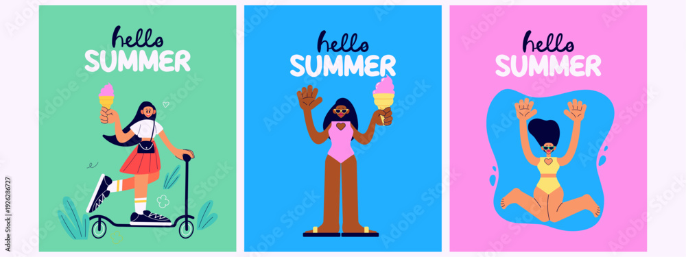 Fototapeta premium Hello Summer greeting card set with stylish woman swimming, riding a scooter with ice cream. Flat vector illustration on bright background with lettering. Perfect for seasonal banners, social media, p