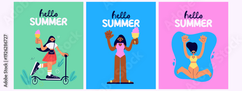Hello Summer greeting card set with stylish woman swimming, riding a scooter with ice cream. Flat vector illustration on bright background with lettering. Perfect for seasonal banners, social media, p